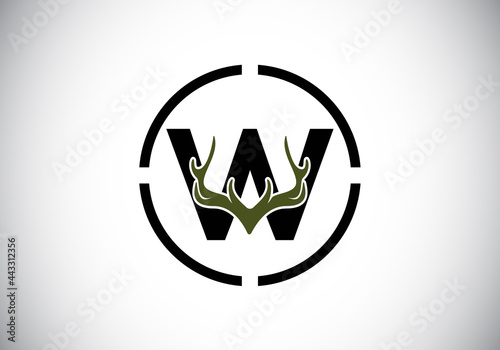 Letter W with deer antlers in target shape, flat style logo design vector template, Hunting inspirations symbol for corporate business identity