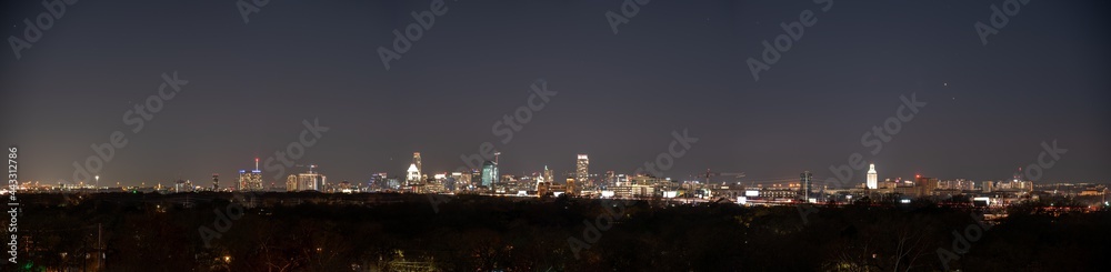 Wide Angle Panoramic View of Downtown Austin Skyline at Night