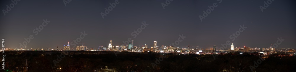 Fototapeta premium Wide Angle Panoramic View of Downtown Austin Skyline at Night