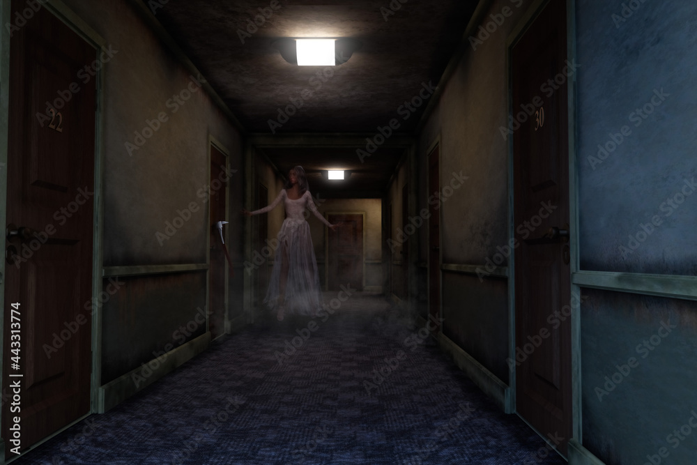 3D illustration of a ghostly woman in torn wedding dress floating in a dark haunted hotel hallway.