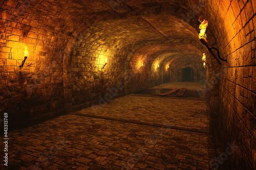3d illustration of a dark medieval castle dungeon tunnel lit by fire torches on the walls. photo