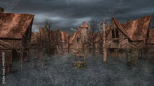 Canvas Print 3D illustration of a medieval fantasy village or town with wooden buildings, a well and a windmill