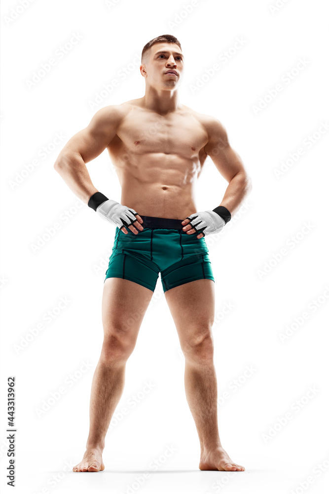 MMA. Sport concept. MMA fighter isolated on white background. Athlete. Hands on hips MMA. Sport concept. MMA fighter isolated on white background. Athlete. Hands on hips
