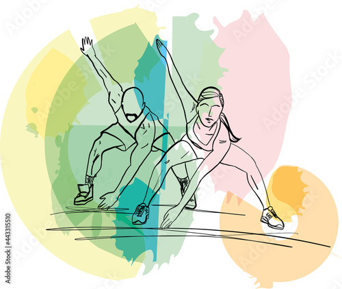 Couple doing yoga, abstract lines drawing