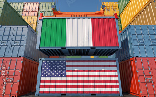 Container Terminal. Two cargo Container with Italy and USA flags. 3D Rendering