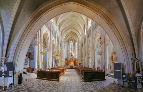  Beautiful interior of Church of the Sacred Heart of Jesus (Herz Jesu Kirche), designed in the Neogothic style and the largest church in Graz, Styria region, Austria