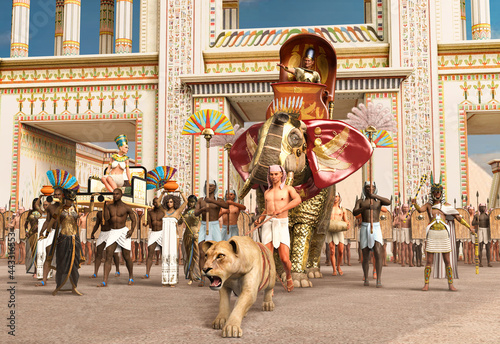Egyptian pharaoh parading a war elephant through his capital