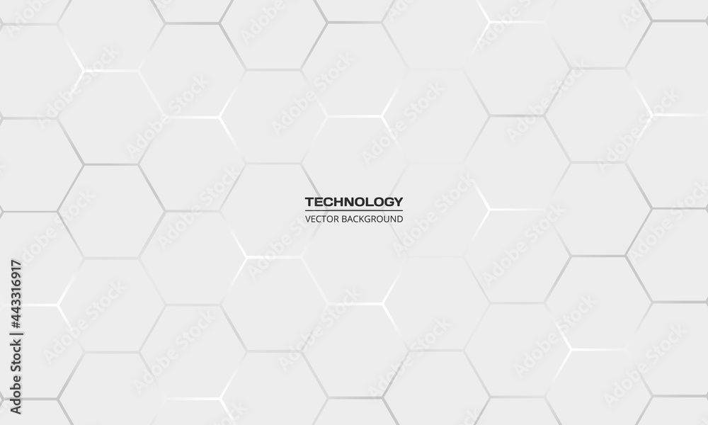 Light gray hexagonal technology vector abstract background. White bright energy flashes under hexagon in technology futuristic modern background vector illustration. White honeycomb texture grid.