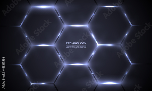 Dark gray hexagonal technology vector abstract background. Bright white energy flashes under hexagon in technology futuristic modern background vector illustration. Dark honeycomb texture grid