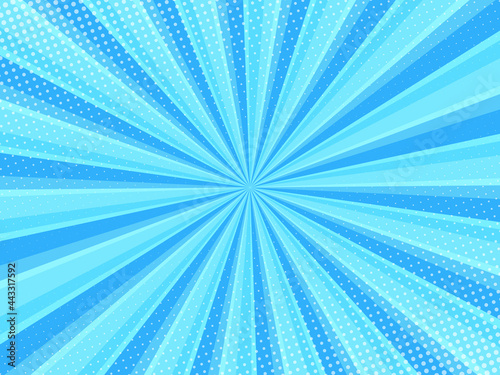 Blue comic background with halftone. Pop art style effect, cartoon comic background with lightning blast halftone dots. Vector illustration.