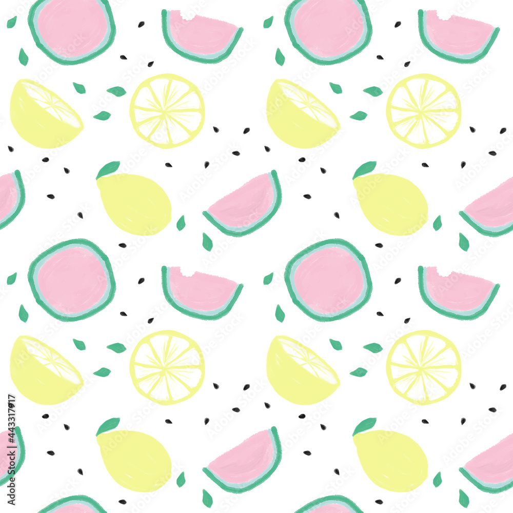 Summer pattern with juicy bright fruits watermelons and lemons hand-drawn for textile and paper design Seamless pattern with lemon elements leaves watermelon seeds Abstract background with fruits