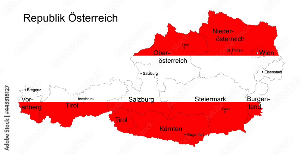 Landkarte Republik Österreich mit Flagge, Bundesländer, Städte und Hauptstädte, Vektor