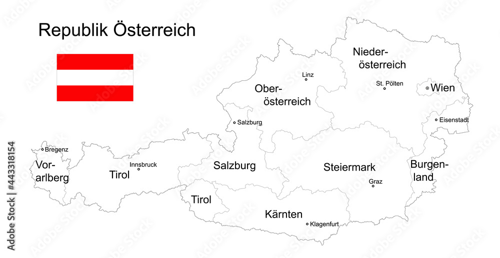 Landkarte Republik Österreich zum ausmalen, mit Flagge, Bundesländer,  Städte und Hauptstädte, Vektor Illustration isoliert auf weißem Hintergrund  Stock Vector