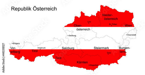 Landkarte Republik Österreich mit Flagge, Bundesländer, Städte und Hauptstädte,
Vektor Illustration isoliert auf weißem Hintergrund
