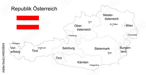 Landkarte Republik Österreich zum ausmalen, 
mit Flagge, Bundesländer, Städte und Hauptstädte,
Vektor Illustration isoliert auf weißem Hintergrund
