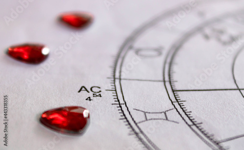 Detail of printed astrology chart with with red heart shaped sequins