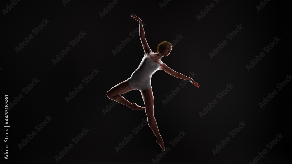 3D illustration of a young female ballet dancer striking a dynamic pose against a dark background with backlighting. 3D illustration of a young female ballet dancer striking a dynamic pose against a dark background with backlighting.