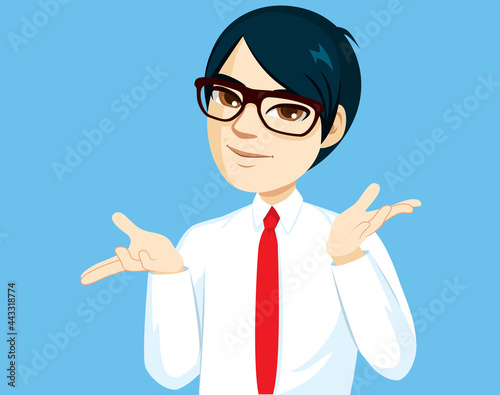 Happy careless indifferent Asian businessman spreads palms and has no worries on blue background