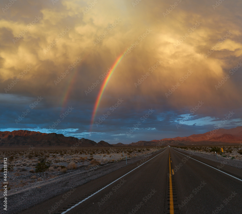 An amazing double rainbow during storm in the desert. 