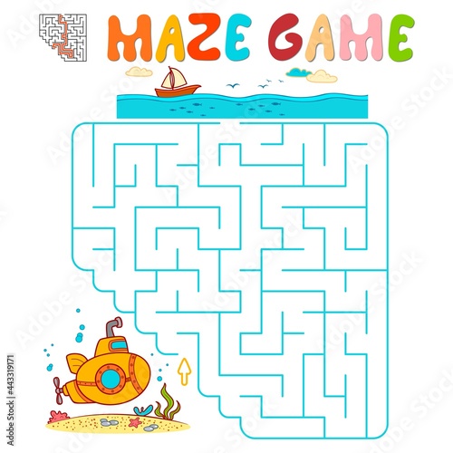 Maze puzzle game for children. Maze or labyrinth game with submarine.