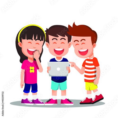 children laughing together while looking at the tablet