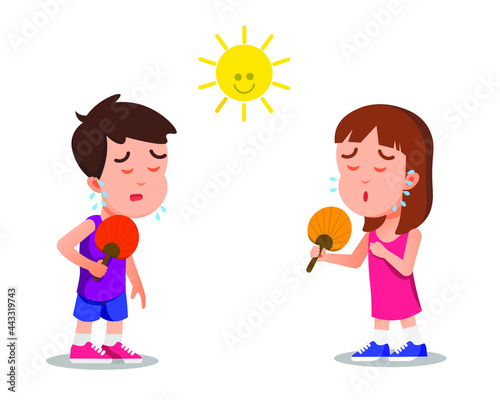 two children using manual hand fans due to heat stroke