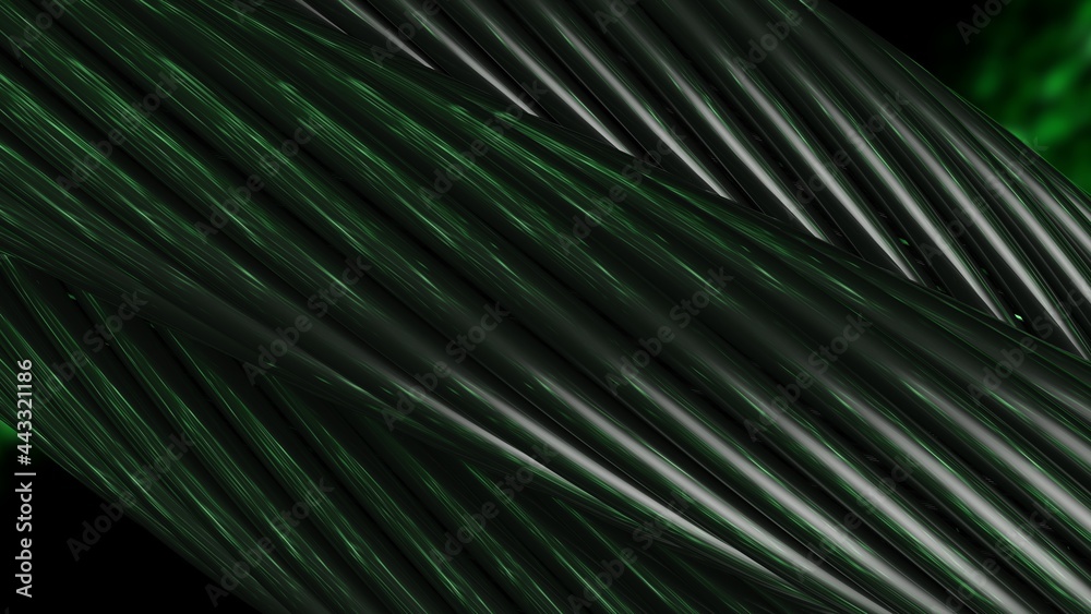 Obraz premium Black metallic wire rope on green thunder background. 3D illustration. 3D high quality rendering. 