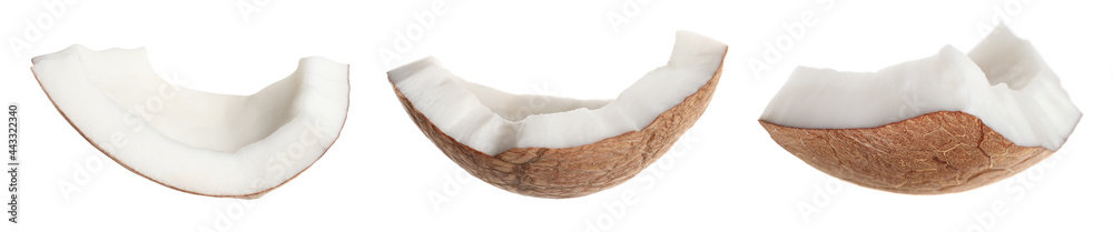 Set with pieces of ripe coconut on white background. Banner design Set with pieces of ripe coconut on white background. Banner design