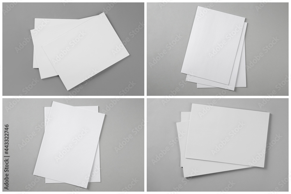 Open blank brochures on grey background, top view. Collage Open blank brochures on grey background, top view. Collage