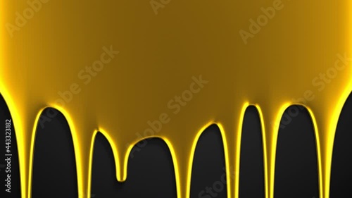 Molten gold drips on black background. Shiny yellow metal liquid flowing down the surface in streams, melting drops forming streaks. 3D animation, alpha channel as matte mask included.