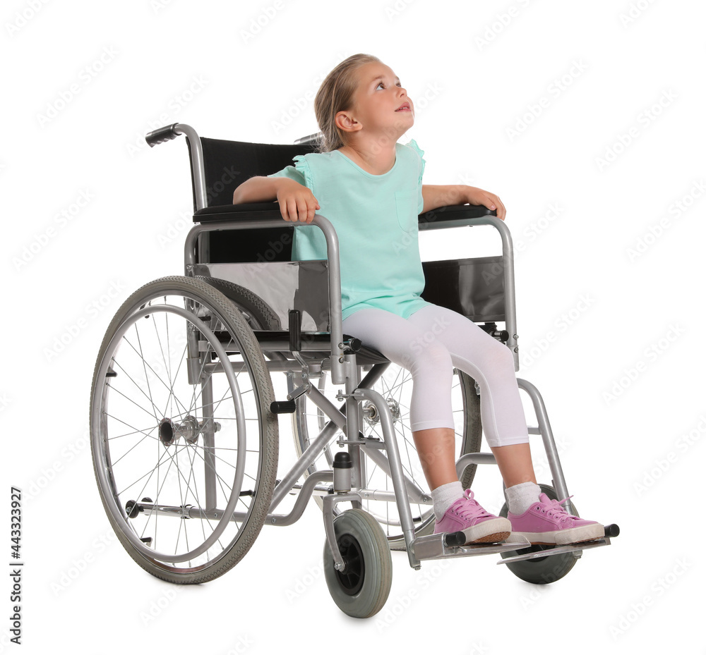 Little girl in wheelchair on white background Little girl in wheelchair on white background