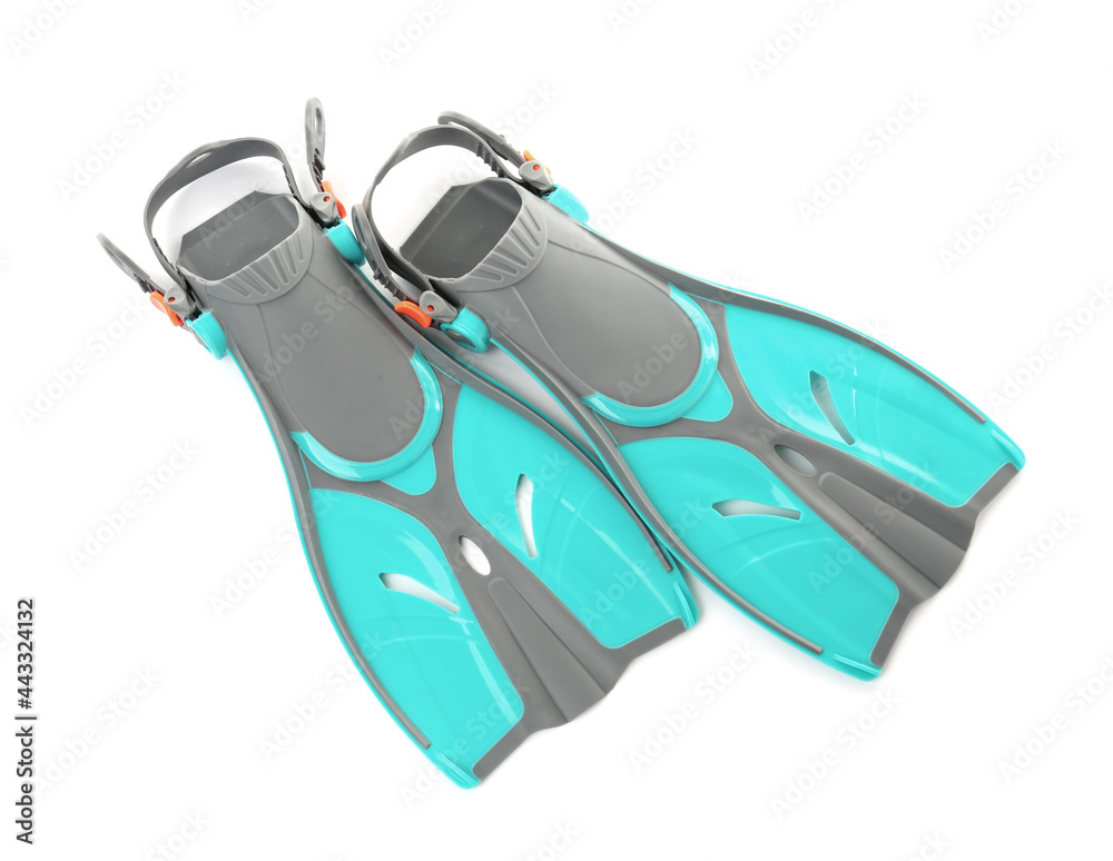 Pair of turquoise flippers on white background, top view Pair of turquoise flippers on white background, top view