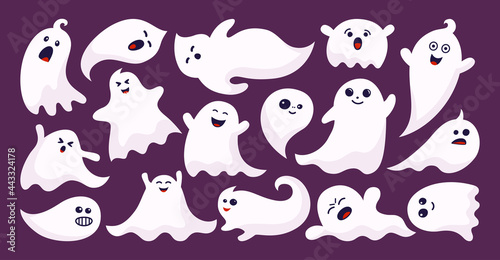 Fototapeta Naklejka Na Ścianę i Meble -  Ghost spook horror flat cartoon set. Halloween apparition simple cute and scary ghostly monsters. Funny cutes pooky character design. Fly phantom spirit festive element. Party celebrate vector