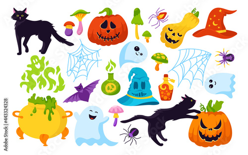 Halloween holiday comic horror cartoon set. Black cat, pumpkin, hat spider web symbolic flat design. Magic hag cauldron bat, toxic mushroom, wizard potion poison bottle. Vector illustration