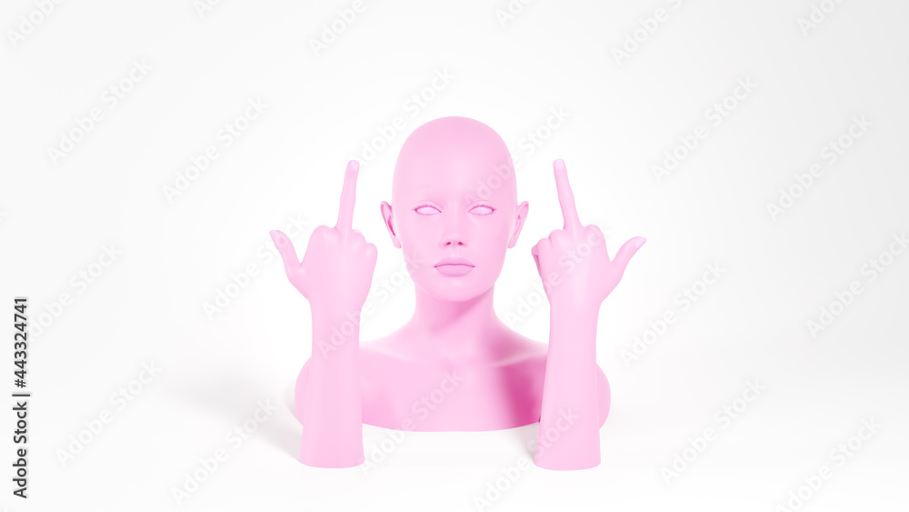 Obraz premium Pink female mannequin showing fuck you gesture. Aggression concept. 3D rendered image.