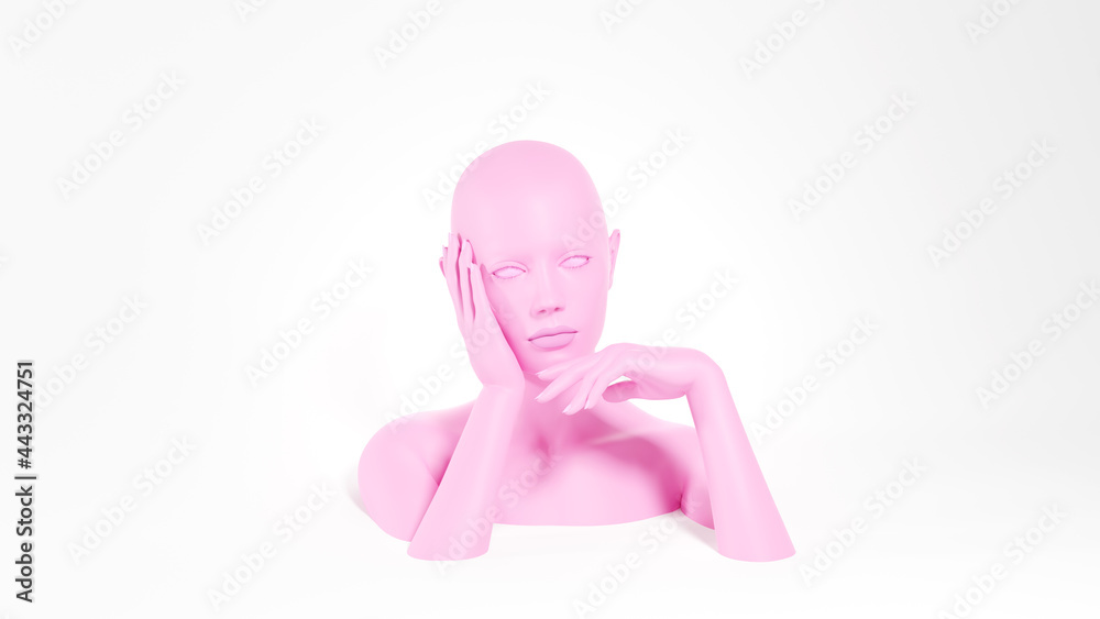 Bored pink female mannequin with hand under the head. Boredom concept. 3D rendered image.