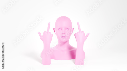 Pink female mannequin showing fuck you gesture. Aggression concept. 3D rendered image.