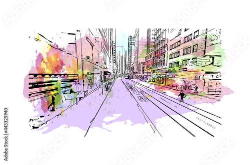 Building view with landmark of Hong Kong is city in  China. Watercolor splash with hand drawn sketch illustration in vector.