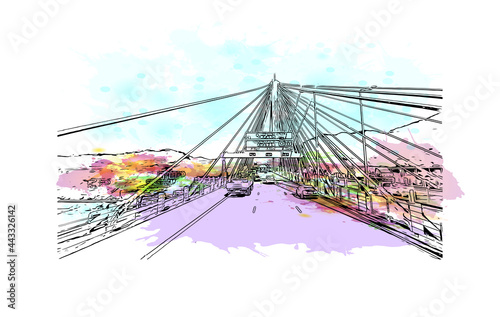 Building view with landmark of Hong Kong is city in  China. Watercolor splash with hand drawn sketch illustration in vector.