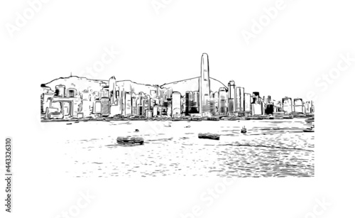 Building view with landmark of Hong Kong is city in  China. Hand drawn sketch illustration in vector.