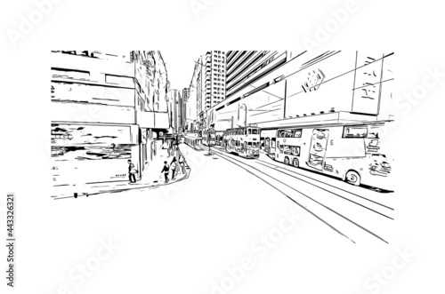 Building view with landmark of Hong Kong is city in  China. Hand drawn sketch illustration in vector.