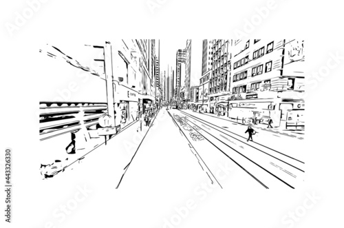 Building view with landmark of Hong Kong is city in  China. Hand drawn sketch illustration in vector.