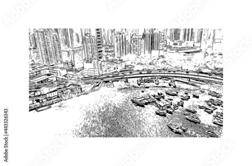 Building view with landmark of Hong Kong is city in  China. Hand drawn sketch illustration in vector.