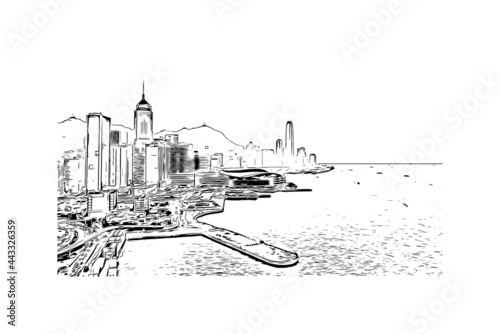 Building view with landmark of Hong Kong is city in  China. Hand drawn sketch illustration in vector.
