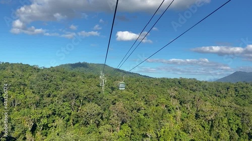 front-facing view from a cablecar, looking along the cables at the approaching cable cars, above the dense green canopy of the rain forest jungle, in tropical North Queensland photo