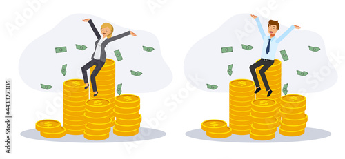 Set of happy man and woman is sitting on the stack of coins surrounding by banknote. rich concept, win the prize. Flat vector cartoon character illustration.