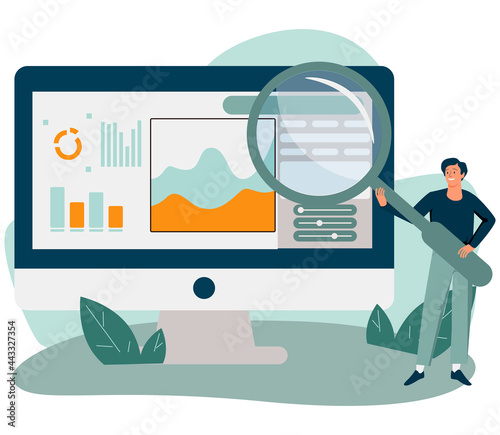 Analyst with loupe looking at diagram or trend on computer screen. Concept of web analytics, statistical analysis of internet data, online statistics. Modern flat vector illustration for poster