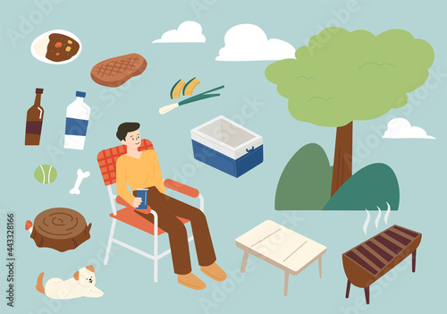 A collection of camping men and objects needed for camping. flat design style minimal vector illustration.