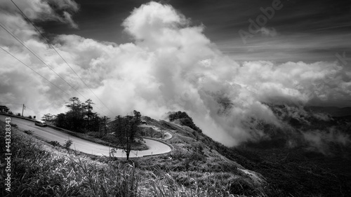 Black and white Misty morning sunrise in the mountain at Doi Ang-khang mountain, chiangmai : thailand