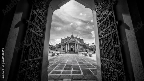 Black And White The famous marble temple Benchamabophit from Bangkok, Thailand	